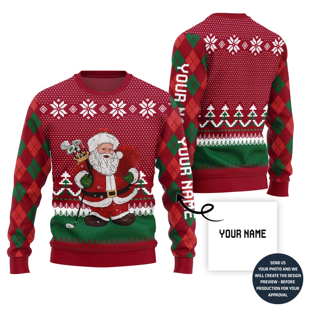 Custom Name Santa Playing Golf Ugly Christmas Sweater