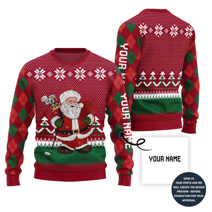 Custom Name Santa Playing Golf Ugly Christmas Sweater