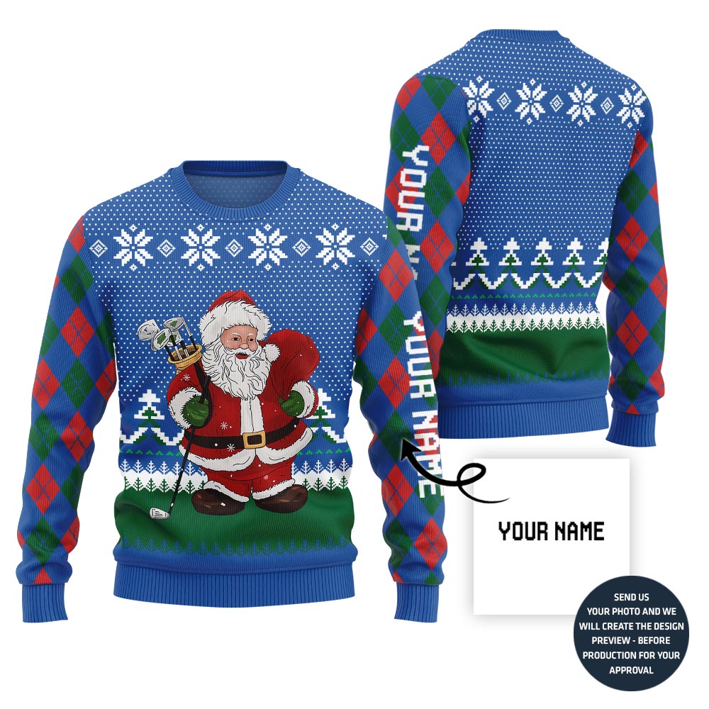 Custom Name Santa Playing Golf Ugly Christmas Sweater