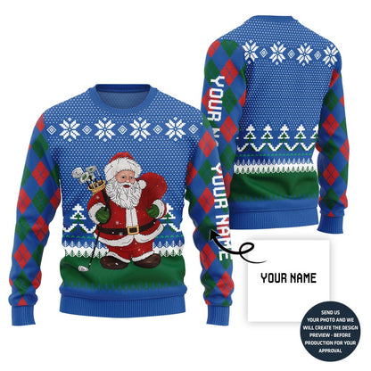 Custom Name Santa Playing Golf Ugly Christmas Sweater