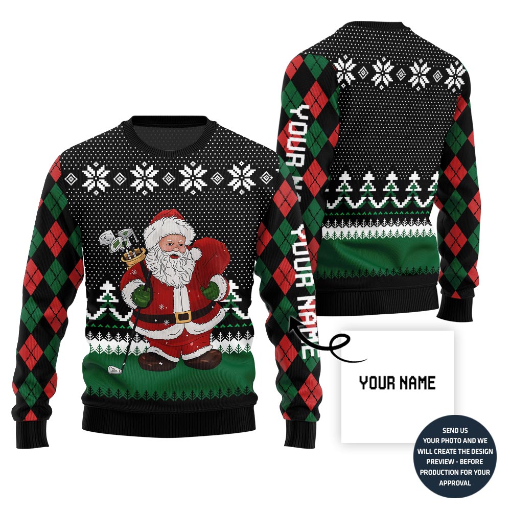 Custom Name Santa Playing Golf Ugly Christmas Sweater
