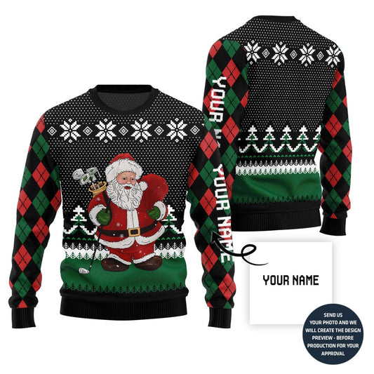 Custom Name Santa Playing Golf Ugly Christmas Sweater