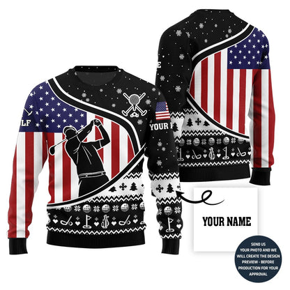 Custom Name USA Flag Golf Ugly Christmas Sweater