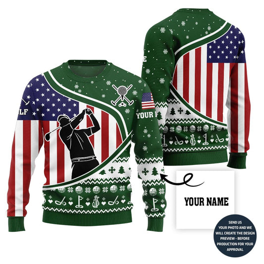 Custom Name USA Flag Golf Ugly Christmas Sweater