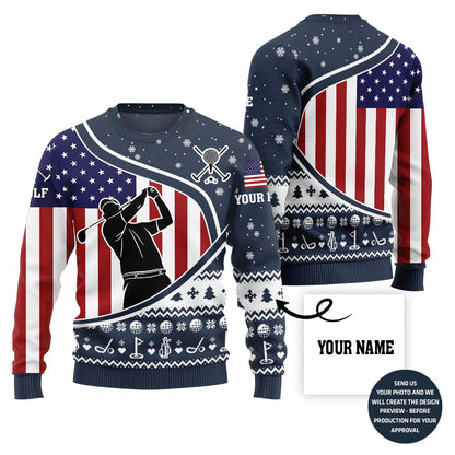 Custom Name USA Flag Golf Ugly Christmas Sweater