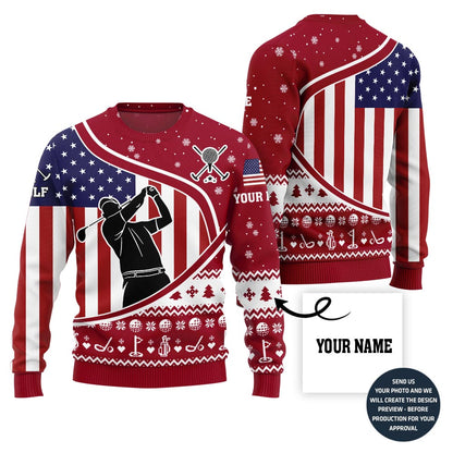 Custom Name USA Flag Golf Ugly Christmas Sweater