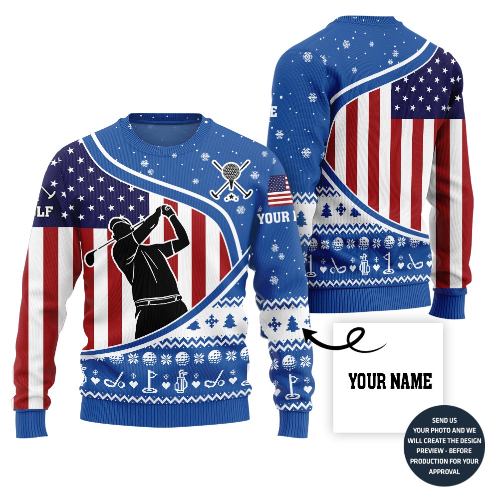 Custom Name USA Flag Golf Ugly Christmas Sweater