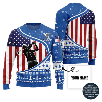Custom Name USA Flag Golf Ugly Christmas Sweater