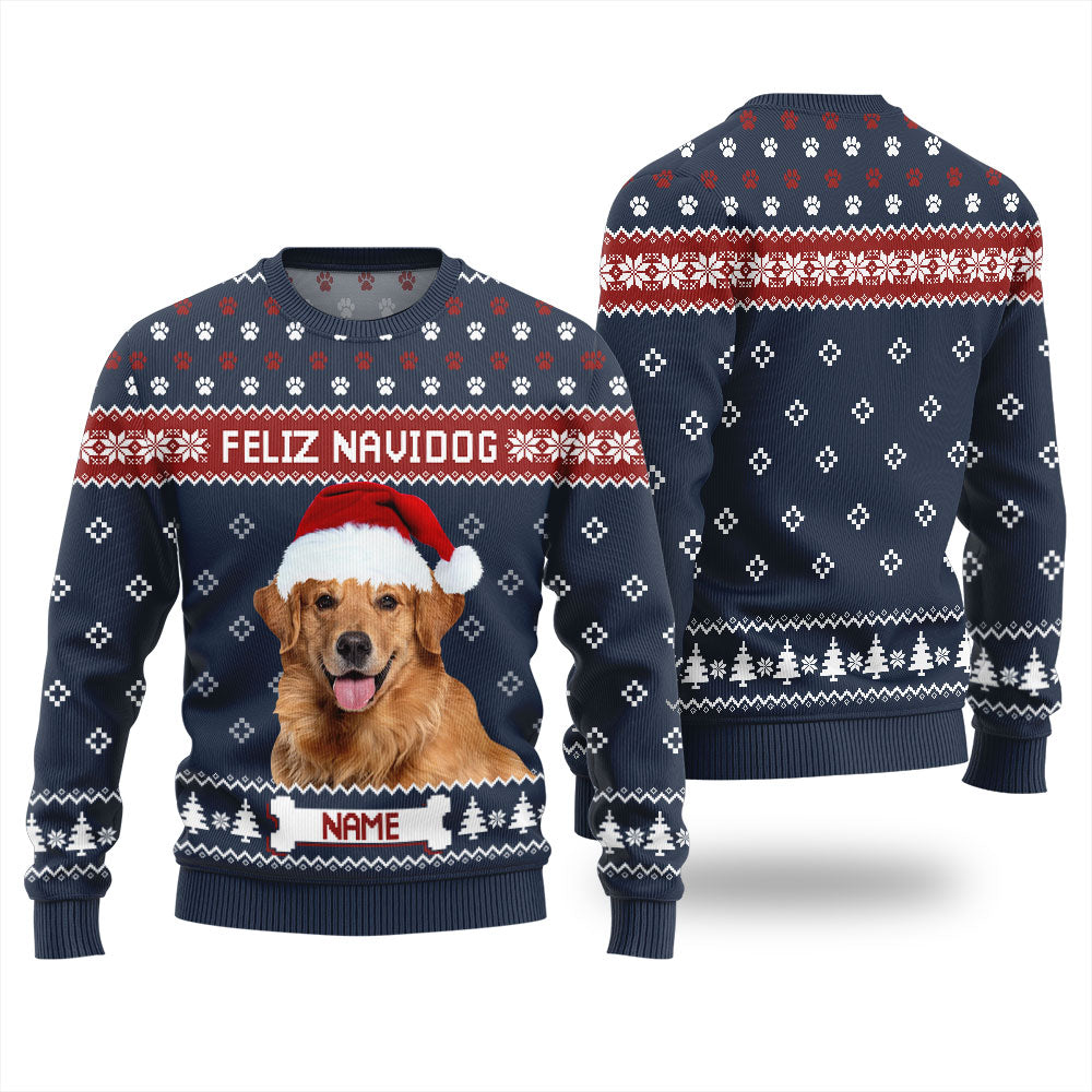 Custom Pet Face Feliz Navidog Mens Xmas Sweaters