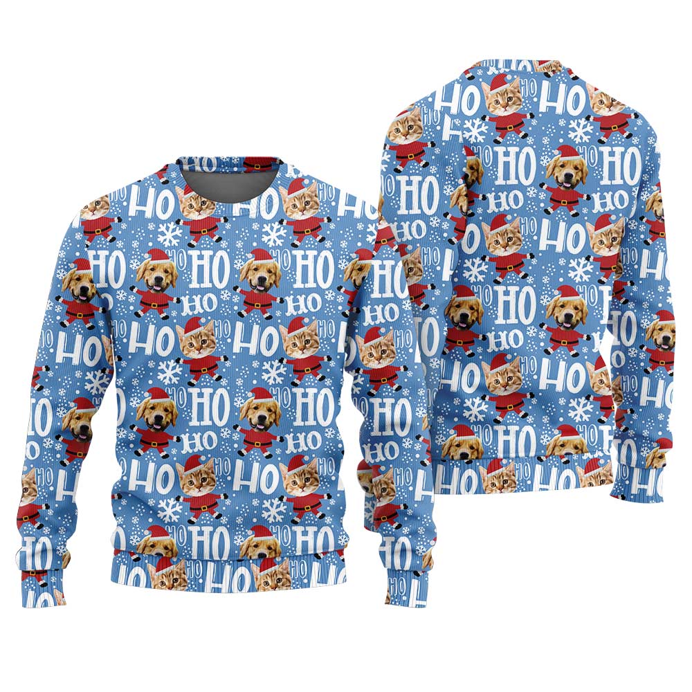 Custom Pet HO HO HO Funny Ugly Christmas Sweater Blue