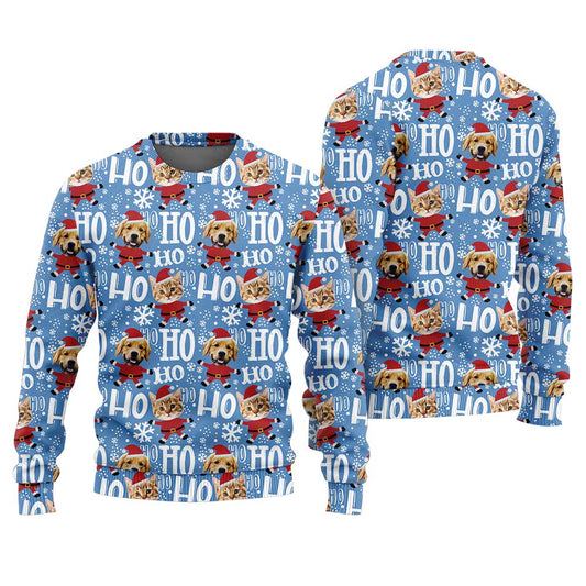Custom Pet HO HO HO Funny Ugly Christmas Sweater Blue