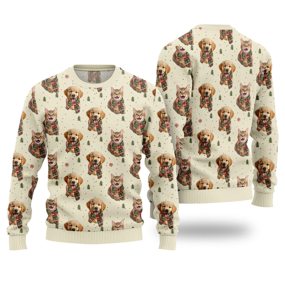 Custom Pet Photo Christmas Sweater With Pinetree Pattern