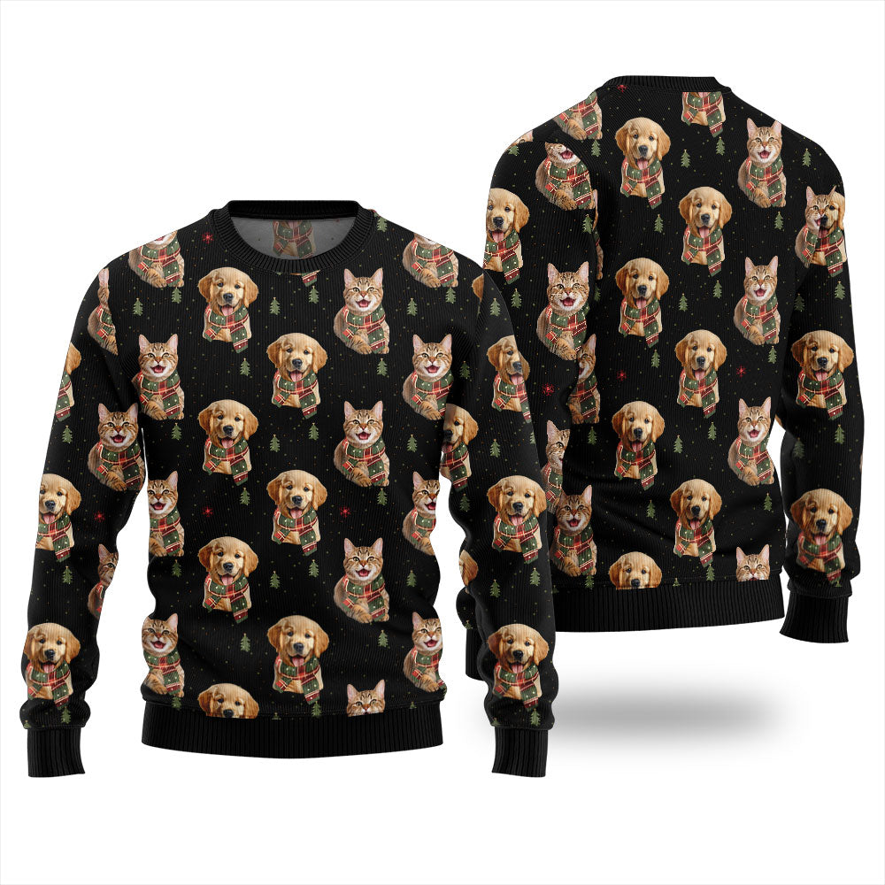 Custom Pet Photo Christmas Sweater With Pinetree Pattern