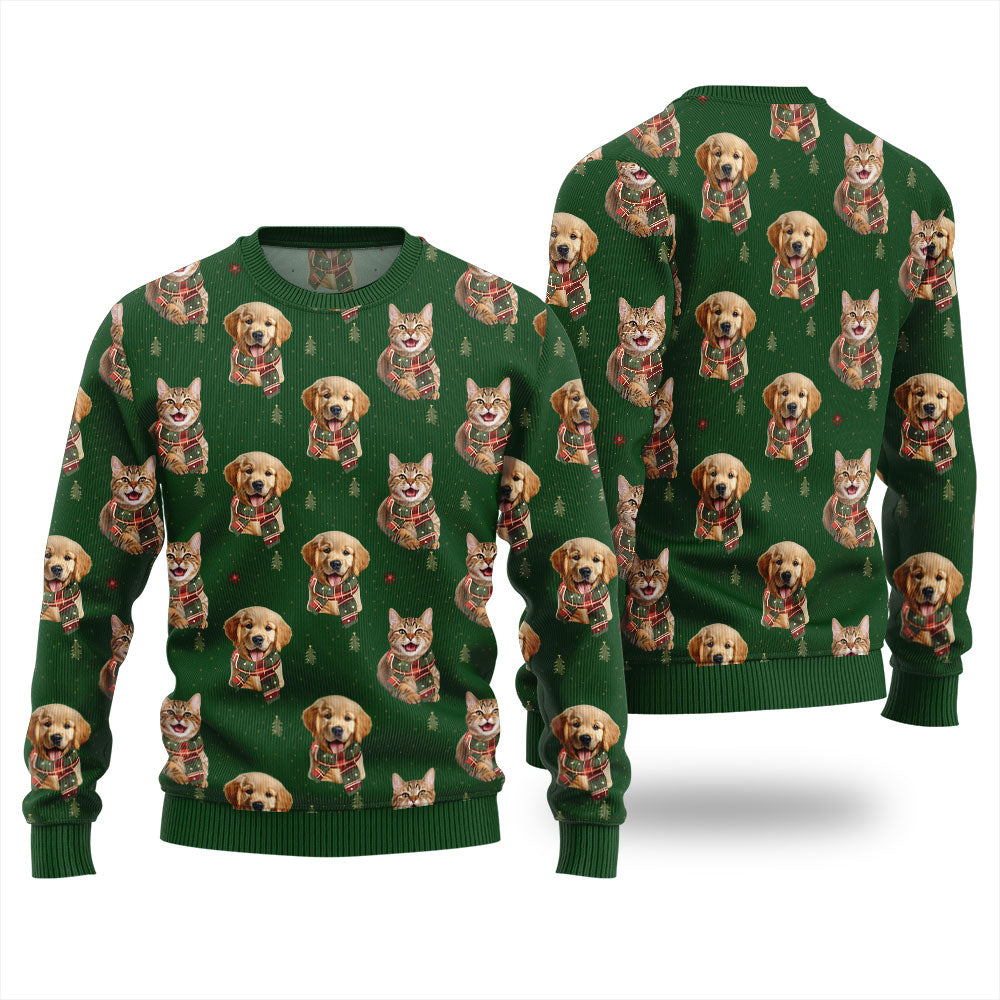 Custom Pet Photo Christmas Sweater With Pinetree Pattern