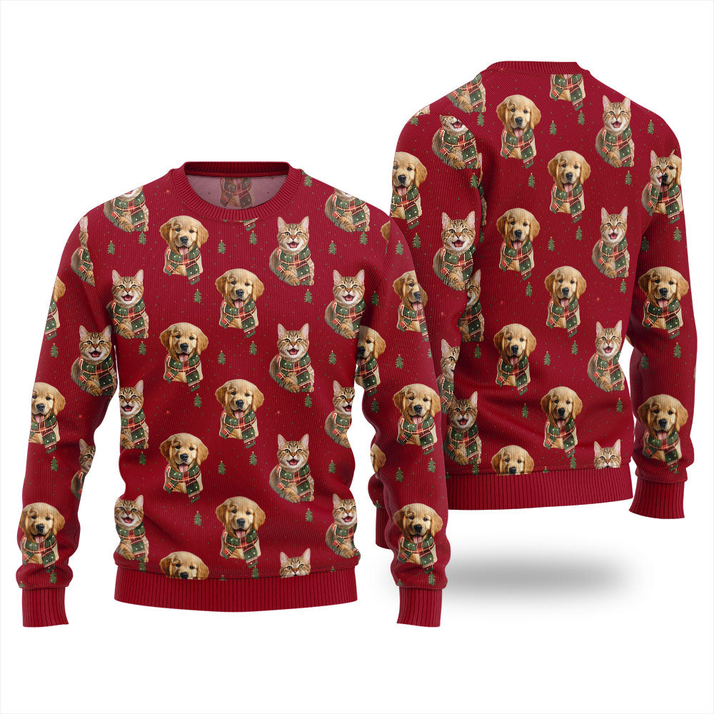 Custom Pet Photo Christmas Sweater With Pinetree Pattern