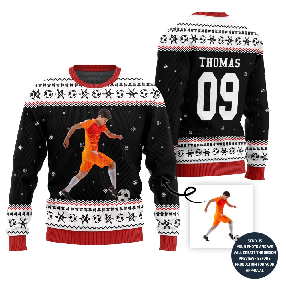 Custom Photo Ugly Christmas Sweater For Soccer Players