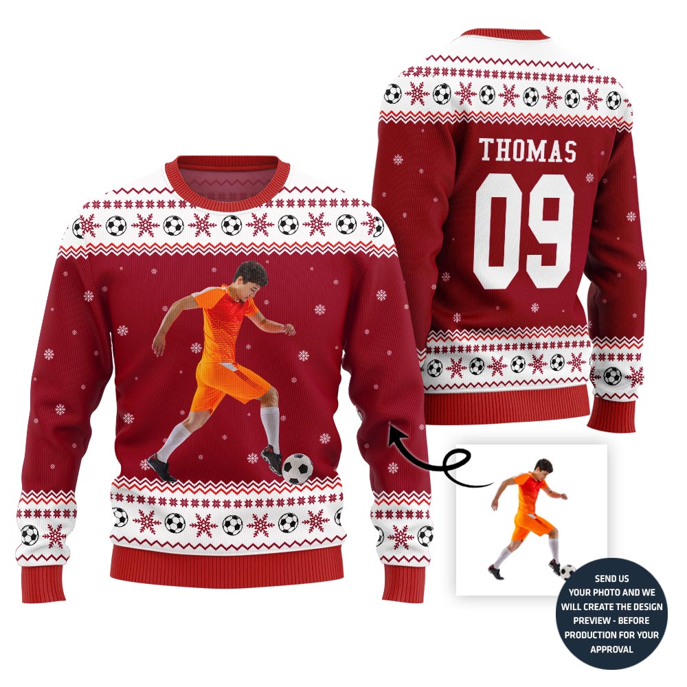 Custom Photo Ugly Christmas Sweater For Soccer Players