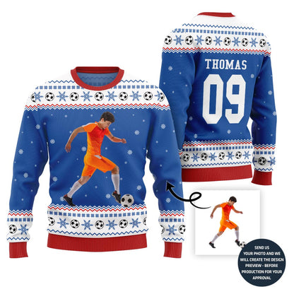 Custom Photo Ugly Christmas Sweater For Soccer Players