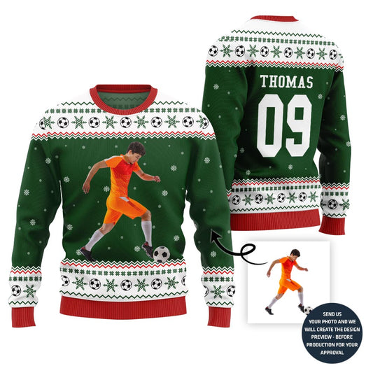 Custom Photo Ugly Christmas Sweater For Soccer Players