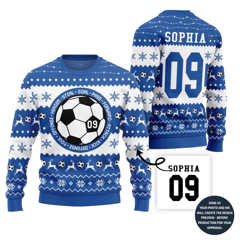 Custom Soccer Ugly Sweater With Your Name And Number