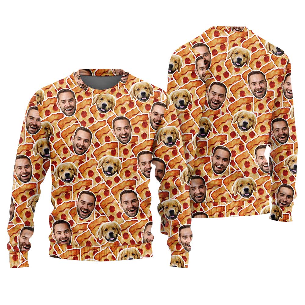 Custom Your Face And Pet Pizza Christmas Ugly Sweater Orange