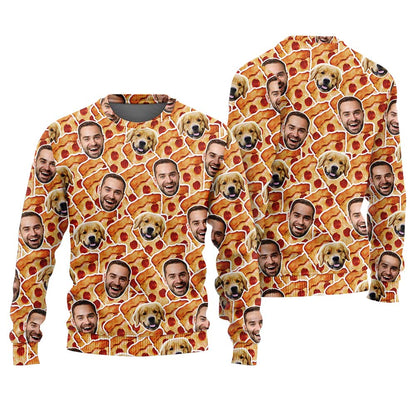 Custom Your Face And Pet Pizza Christmas Ugly Sweater Orange