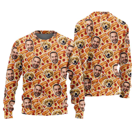 Custom Your Face And Pet Pizza Christmas Ugly Sweater Orange