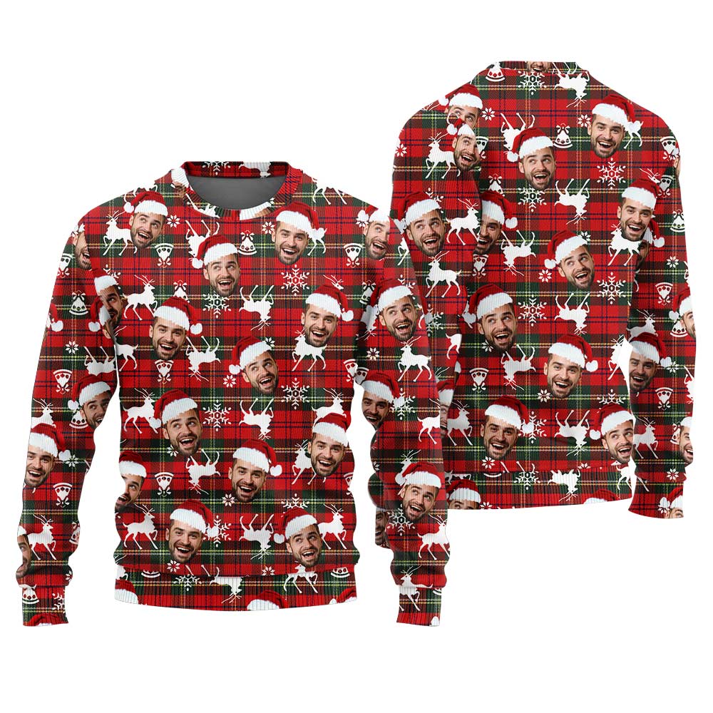 Custom Your Face Plaid Christmas Sweater Red Buffalo