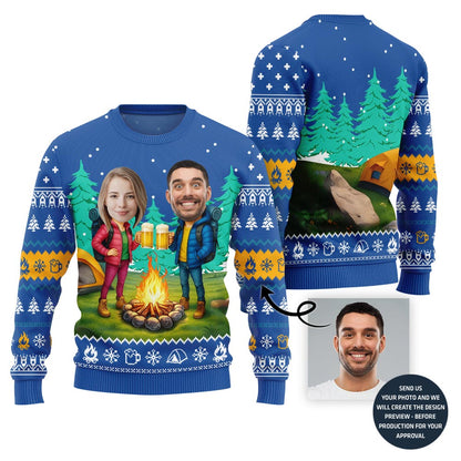 Customized Face Couple Camping With Beer Xmas Sweater