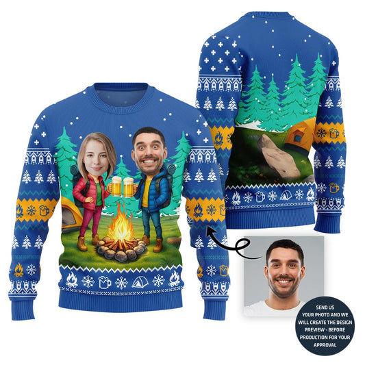 Customized Face Couple Camping With Beer Xmas Sweater
