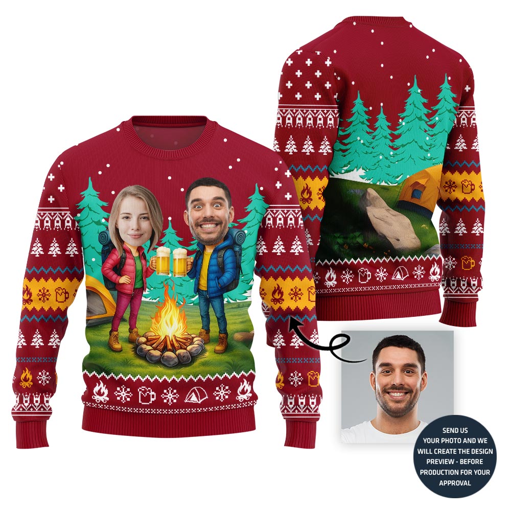 Customized Face Couple Camping With Beer Xmas Sweater