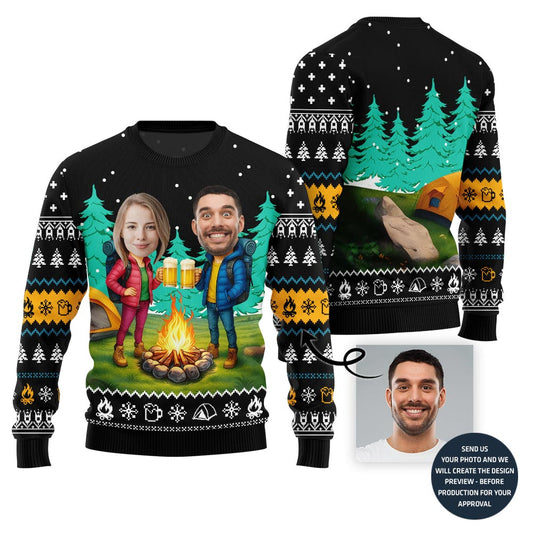 Customized Face Couple Camping With Beer Xmas Sweater