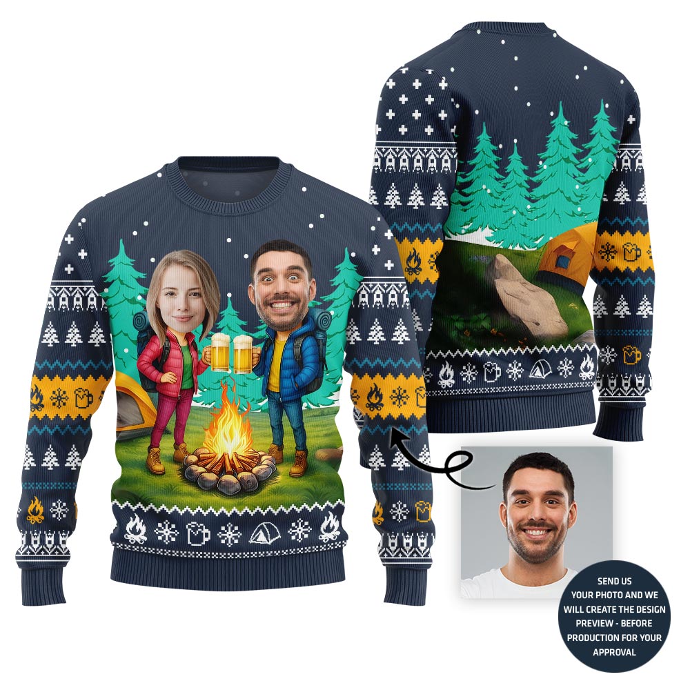 Customized Face Couple Camping With Beer Xmas Sweater