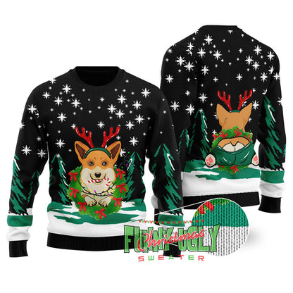 Cute Christmas Sweater With Corgi Black