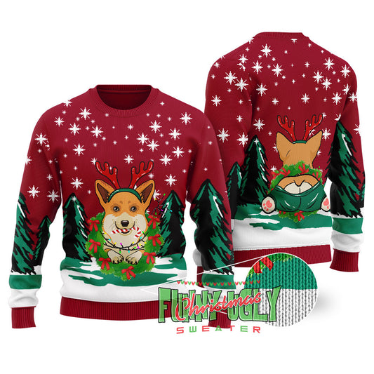 Cute Corgi Christmas Sweater Cardinal Red