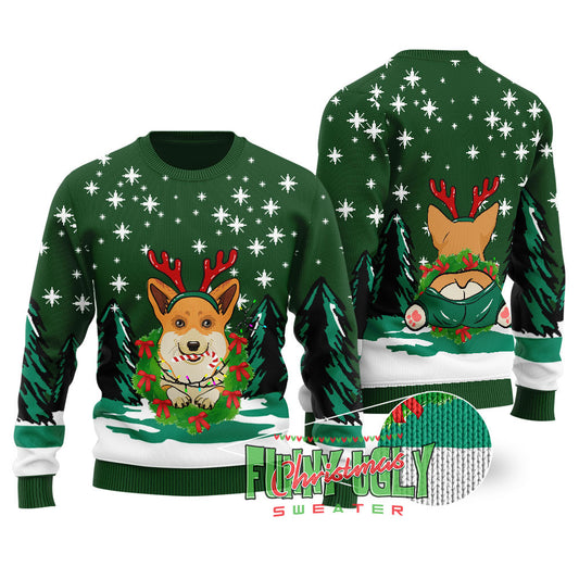 Cute Corgi Christmas Sweater Forest Green
