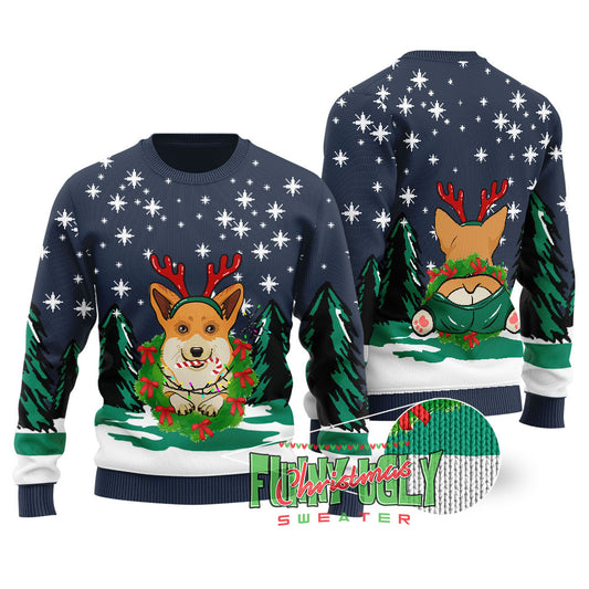 Cute Corgi Christmas Sweater Navy