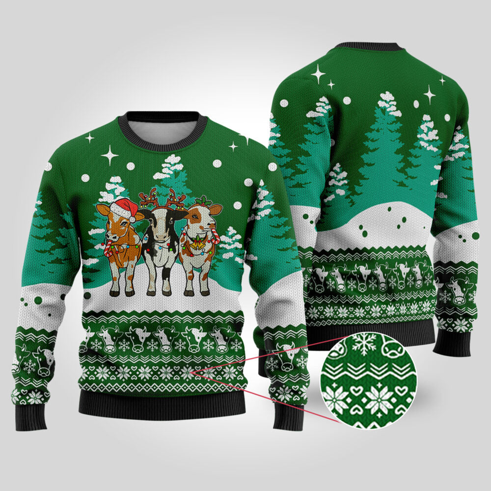 Cute Cows Funny Ugly Christmas Sweater Forest Green