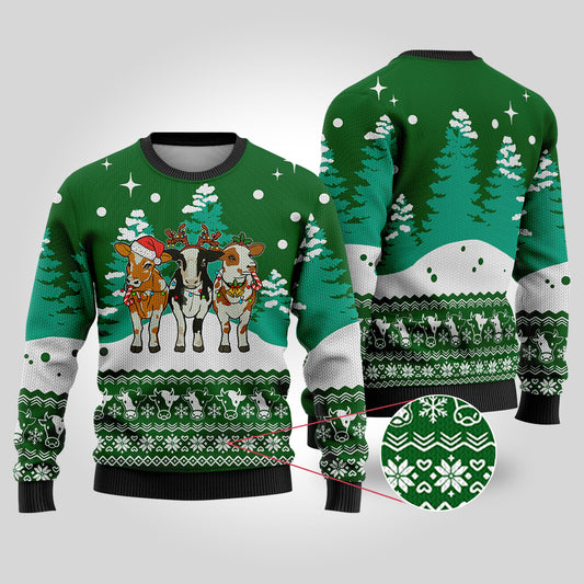 Cute Cows Funny Ugly Christmas Sweater Forest Green