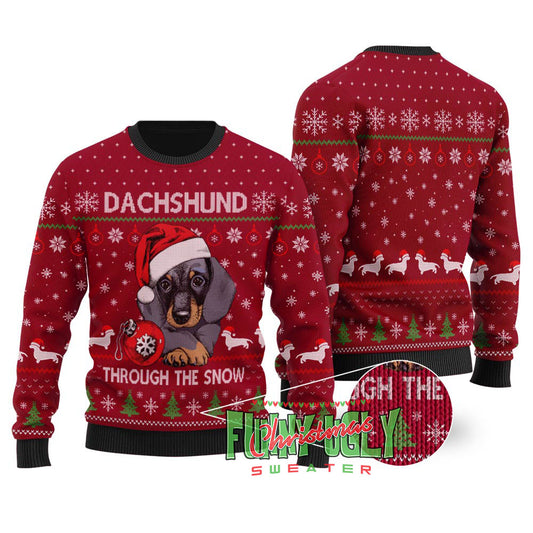 Cute Dachshund Ugly Christmas Sweater Cardinal Red