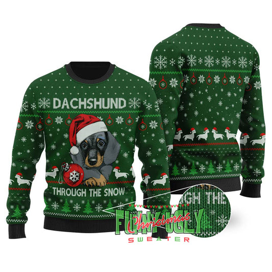 Cute Dachshund Ugly Christmas Sweater Forest Green