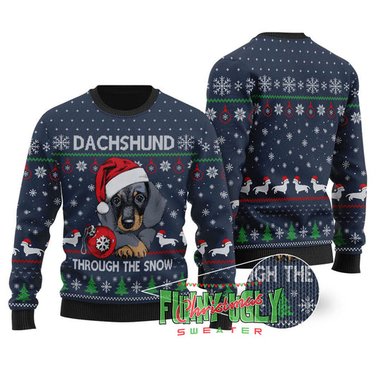Cute Dachshund Ugly Christmas Sweater Navy