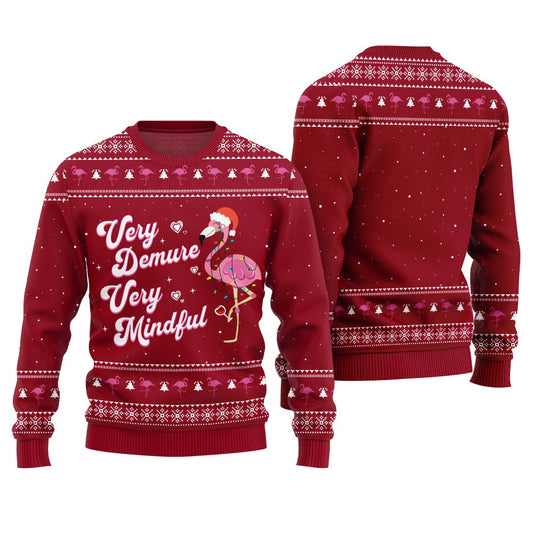 Hilarious Demure Mindful Flamingo Ugly Xmas Sweater Red