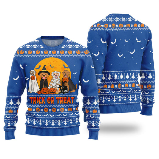 Cute Dog Trick or Treat Halloween Sweater Royal