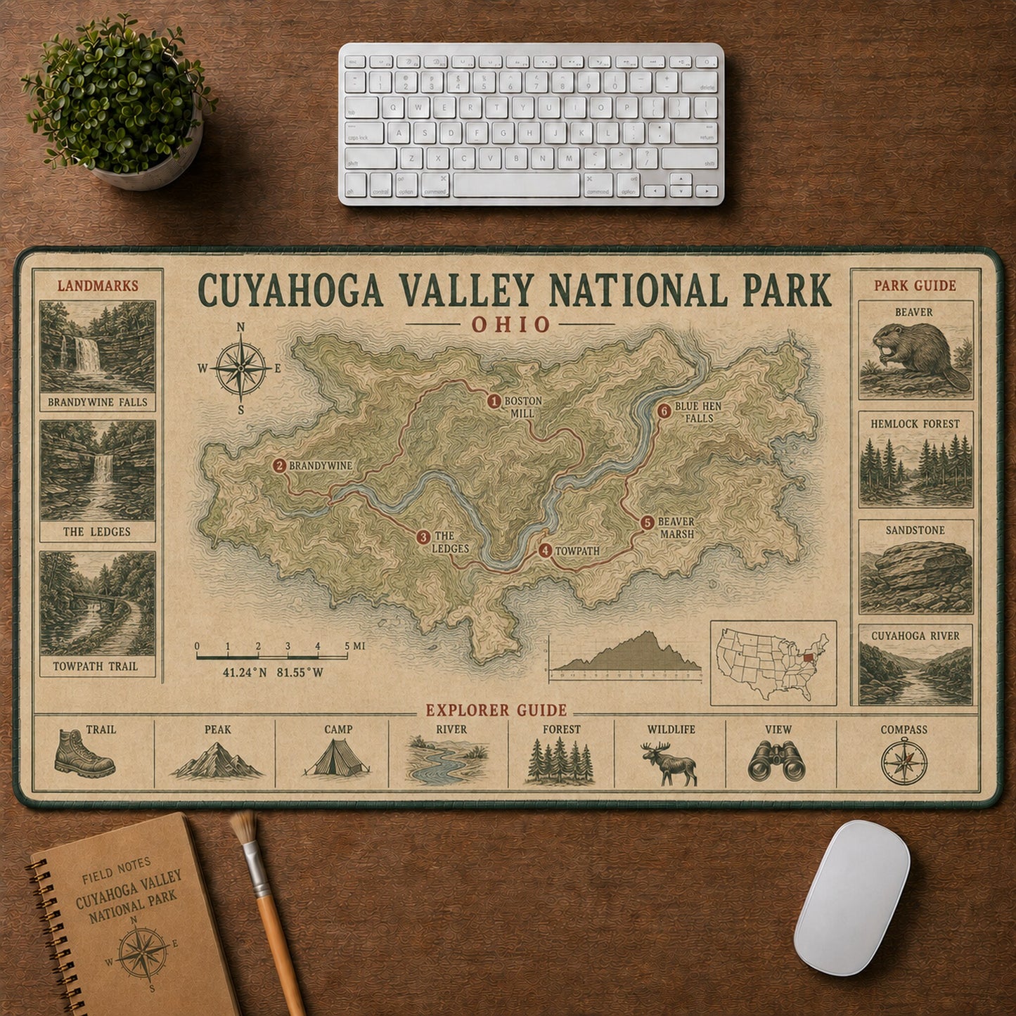Cuyahoga Valley National Park Vintage Topographic Park Map Explorer Guide Desk Mat | 5To9Vibe
