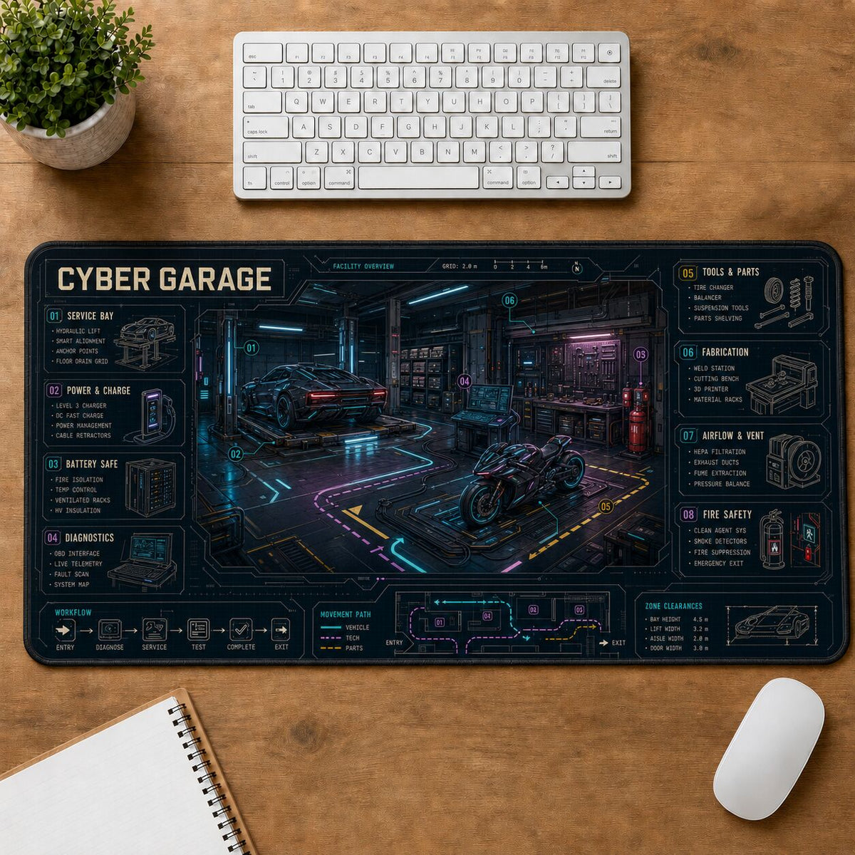 Cyber Garage Futuristic Technical Guide Desk Mat | 5To9Vibe