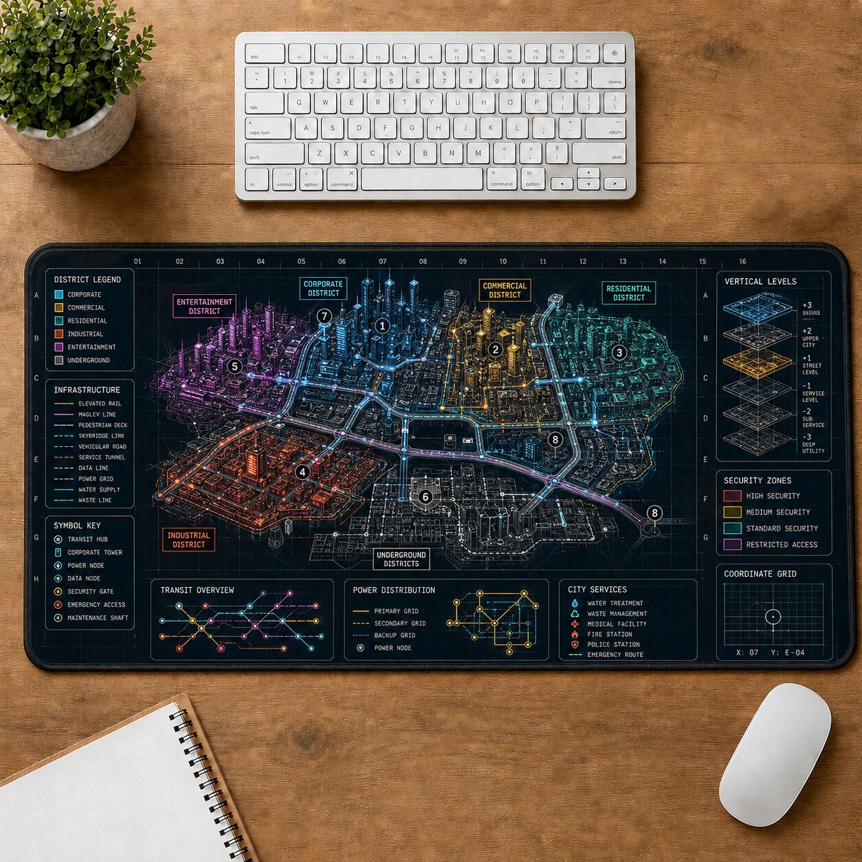 Cyberpunk City Map Futuristic Technical Guide Desk Mat | 5To9Vibe