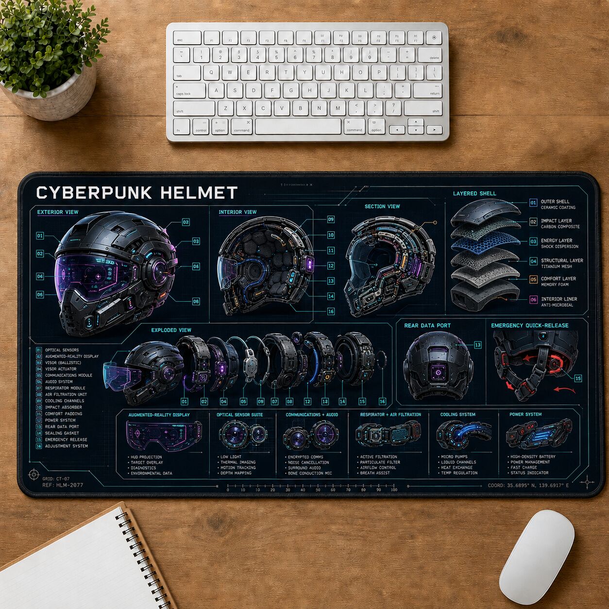 Cyberpunk Helmet Futuristic Technical Guide Desk Mat | 5To9Vibe