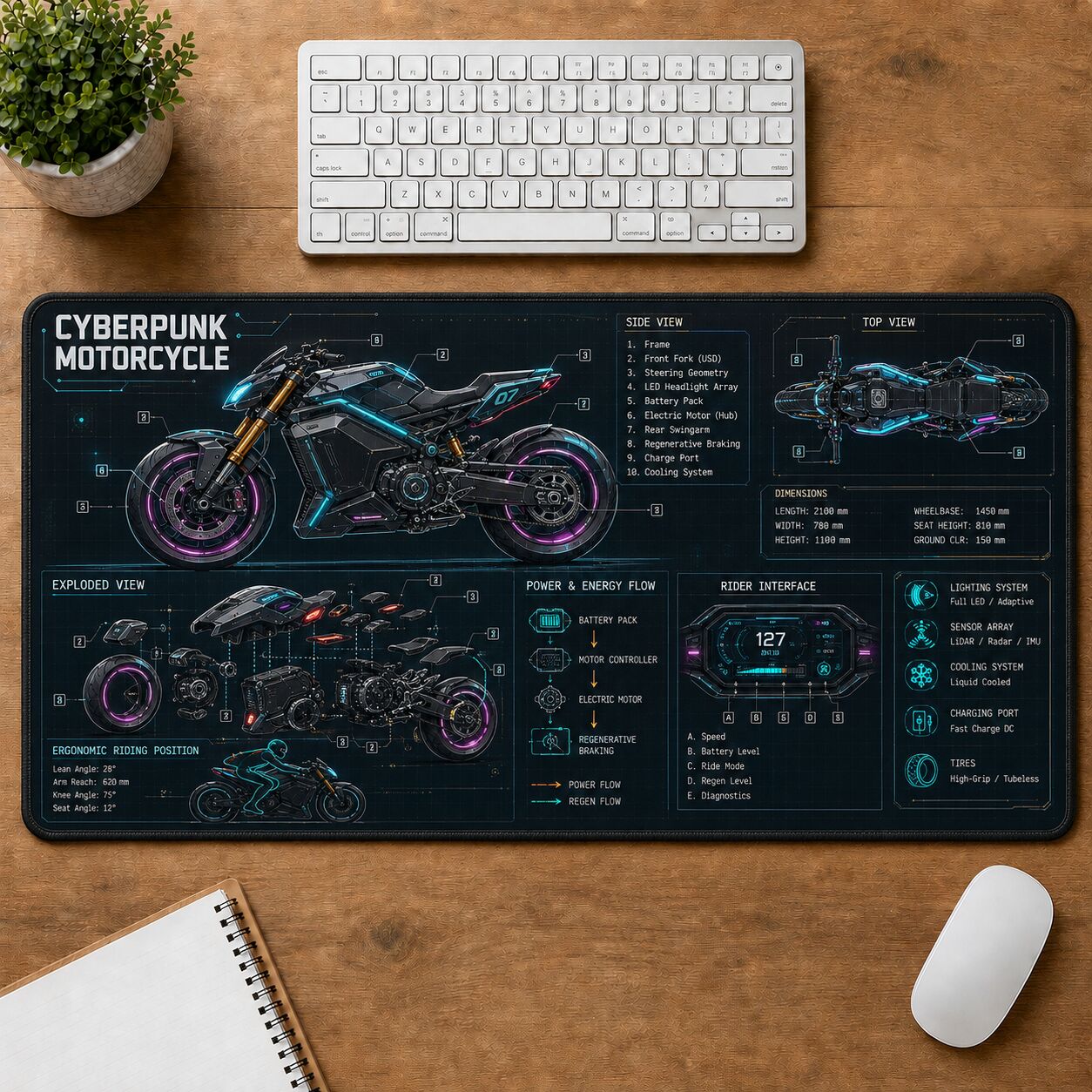 Cyberpunk Motorcycle Futuristic Technical Guide Desk Mat | 5To9Vibe