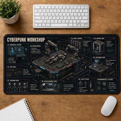 Cyberpunk Workshop Futuristic Technical Guide Desk Mat | 5To9Vibe